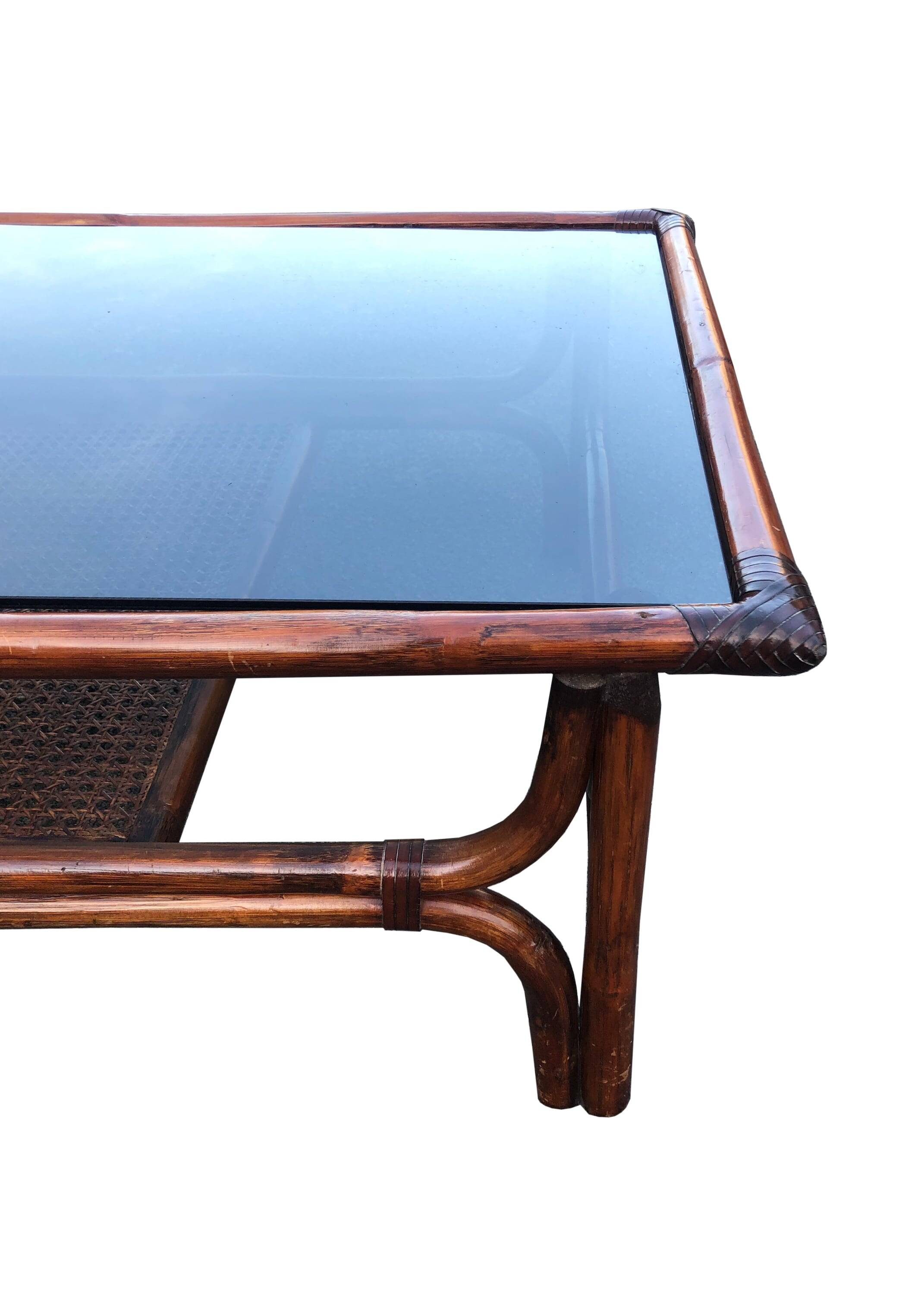 Large vintage rattan and smoked glass coffee table, 1970s