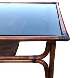 Large vintage rattan and smoked glass coffee table, 1970s