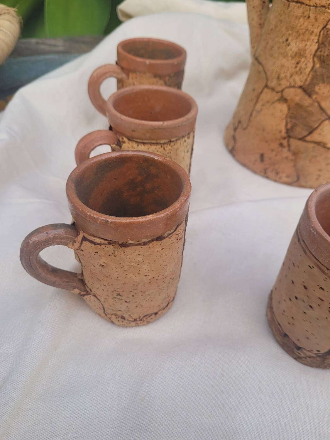 Set of old Corsican cork and terracotta handcrafted pitcher and cup
