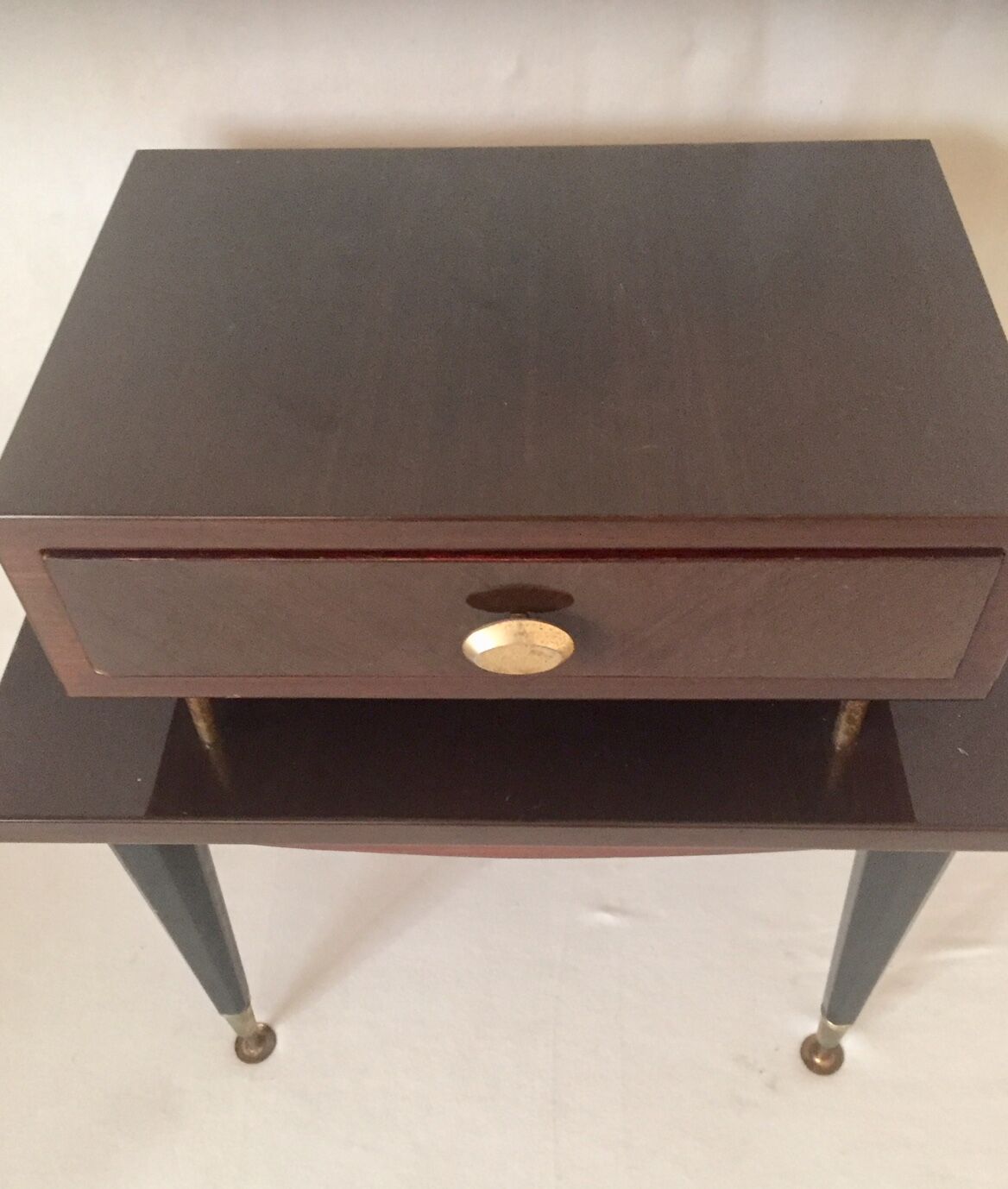 Varnished mahogany bedside table and brass 50s