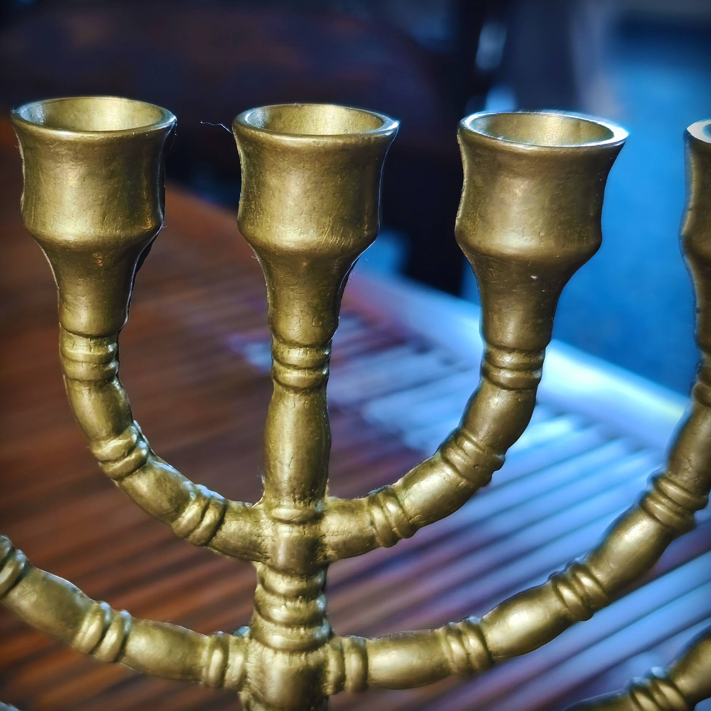 Bronze menorah, 7-branched chandelier, Israel, 1960s