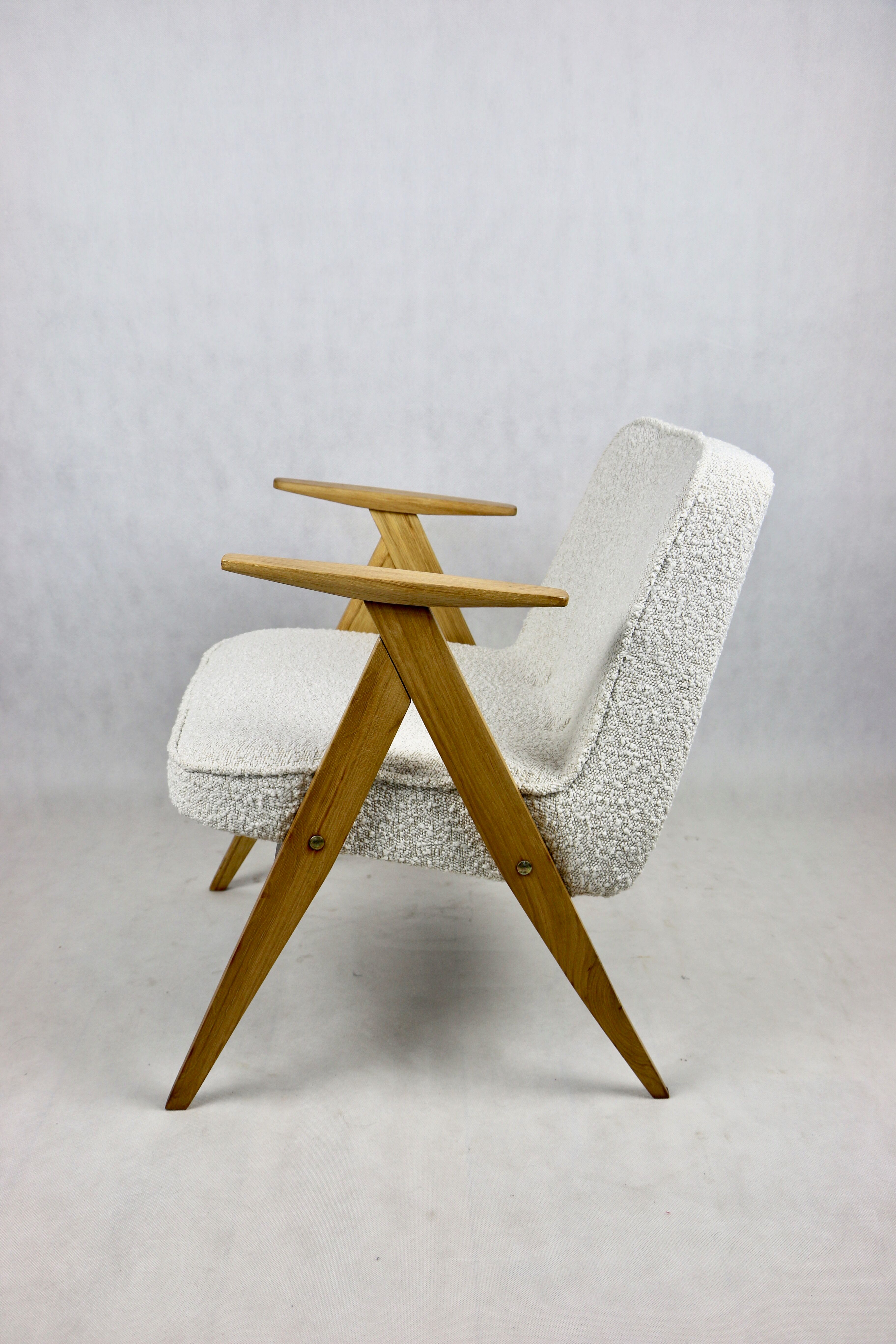 Pearl Boucle & Oak Armchair by Józef Chierowski, 1970s