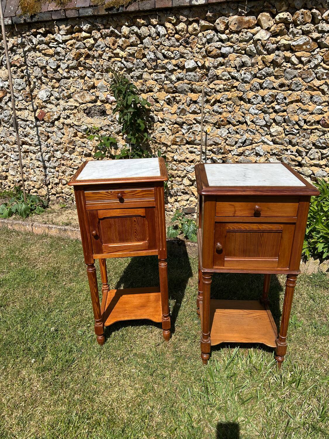 Pair of wooden and white marble bedside tables circa 1900