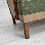 Canapé danois 3 places des années 1950, tissu en laine d'ameublement vert/beige, bois de chêne.