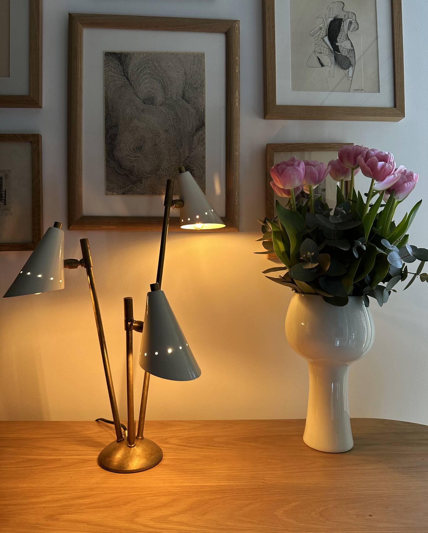 Italian lamp with three brass heads, 1950s design.