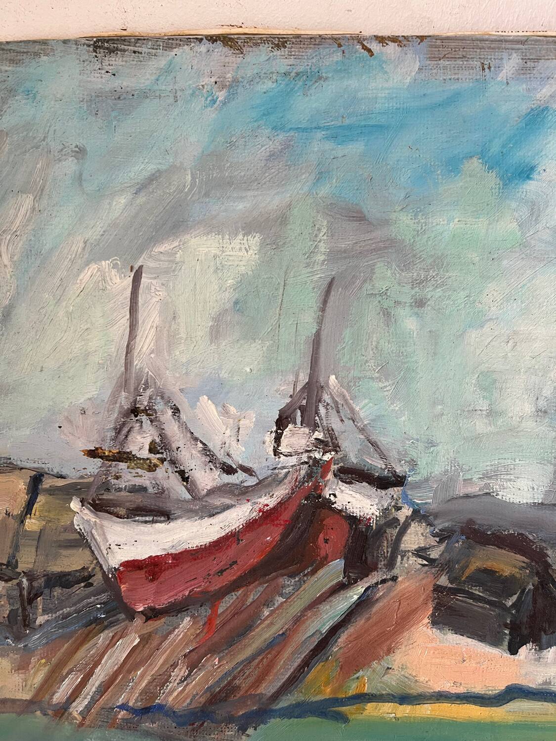 Boats in the harbor, oil on panel