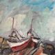 Boats in the harbor, oil on panel