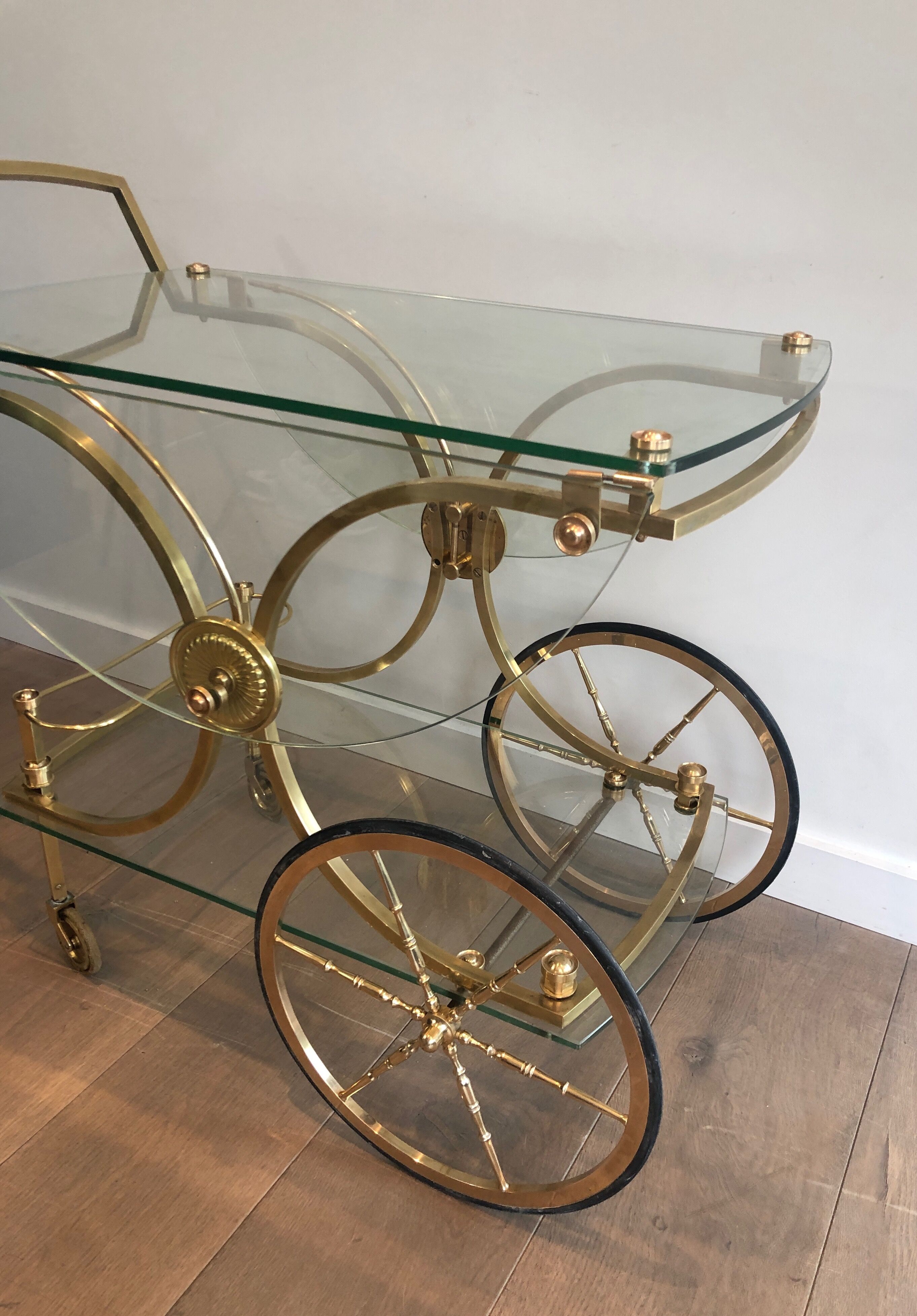 Neo classical style table in silver and gold metal and glass