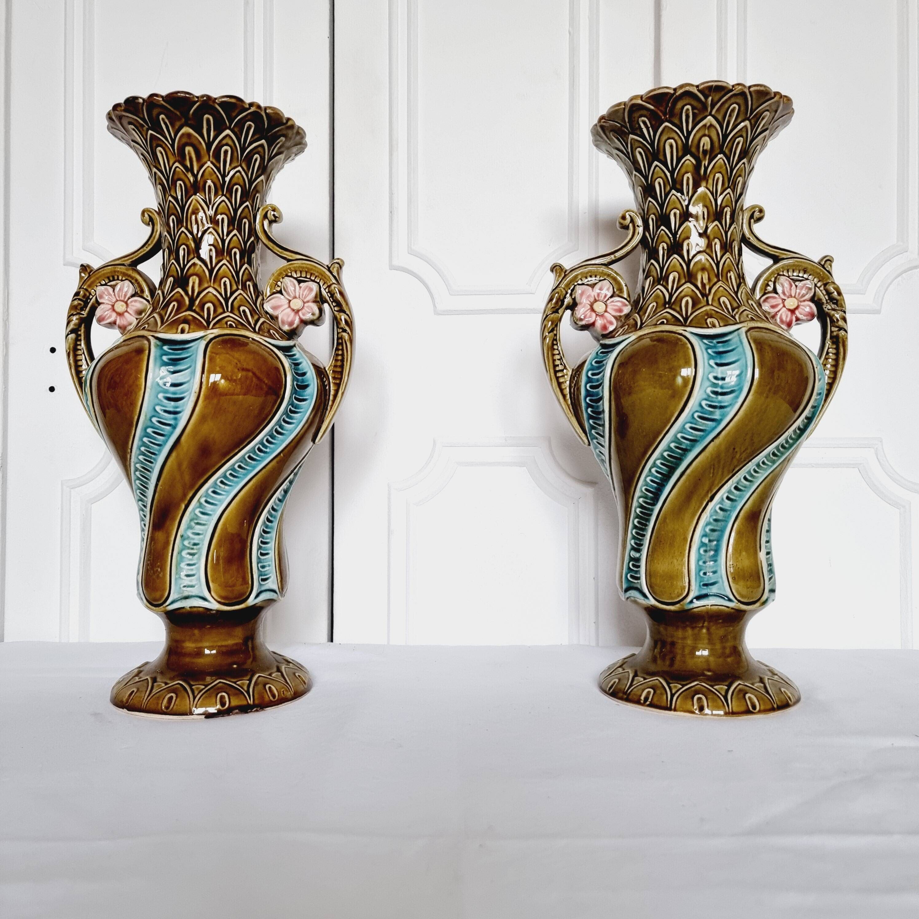 2 Vases from the 1900s-1920s in French Ceramic Onnaing Barbotine Art Nouveau