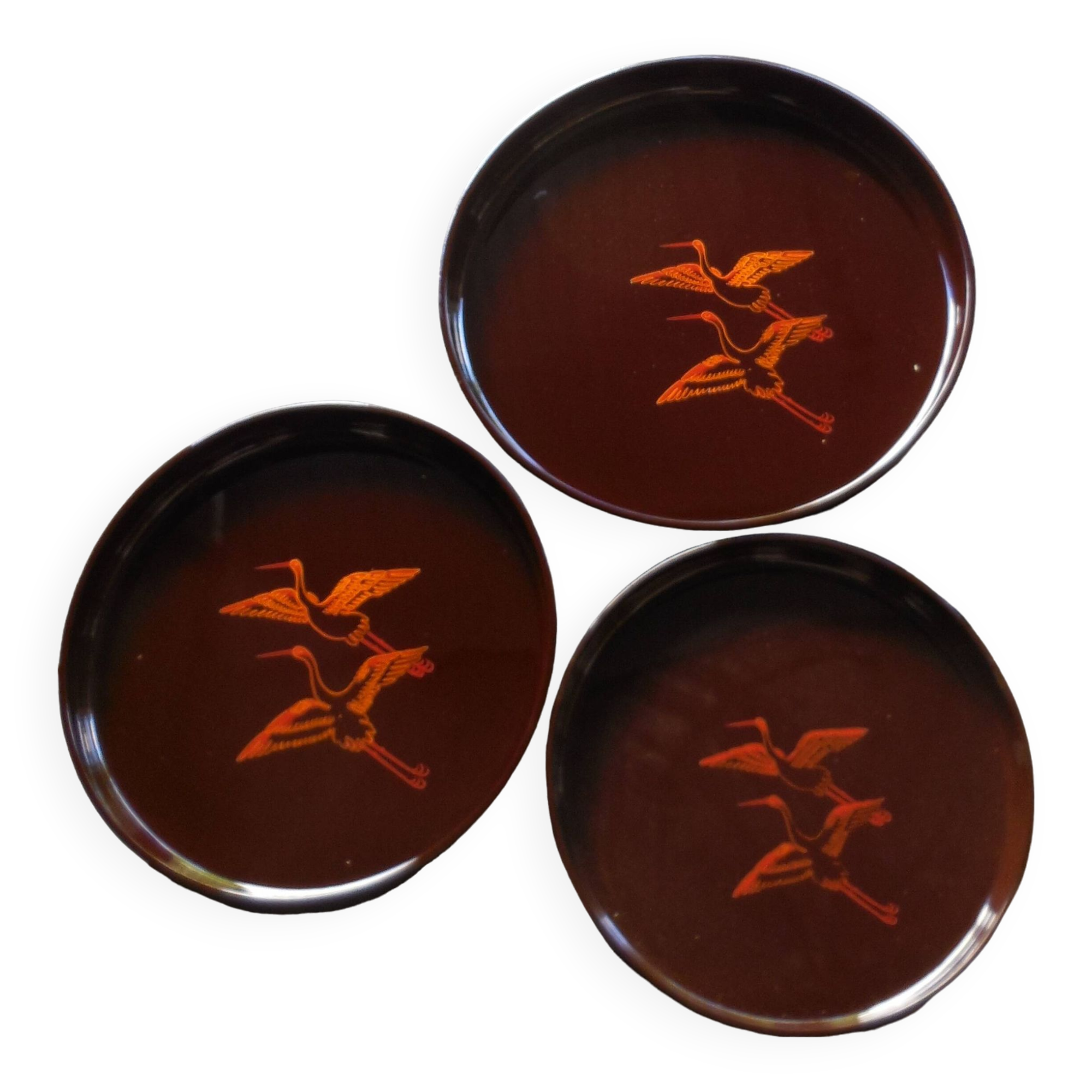 Set of 3 round plastic trays in Chinese lacquer style with crane bird motifs