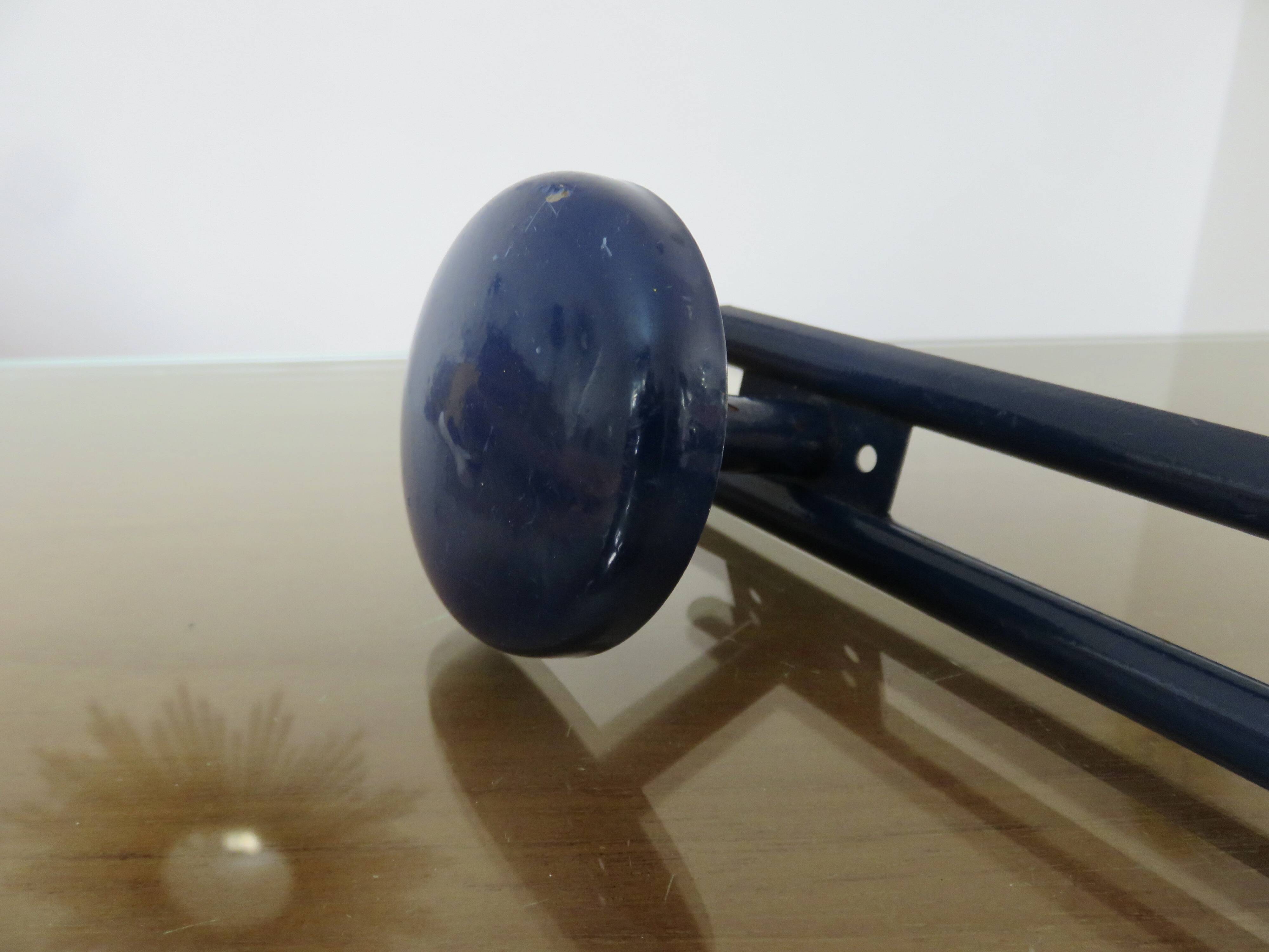 Blue lacquered metal wall coat rack, 1970