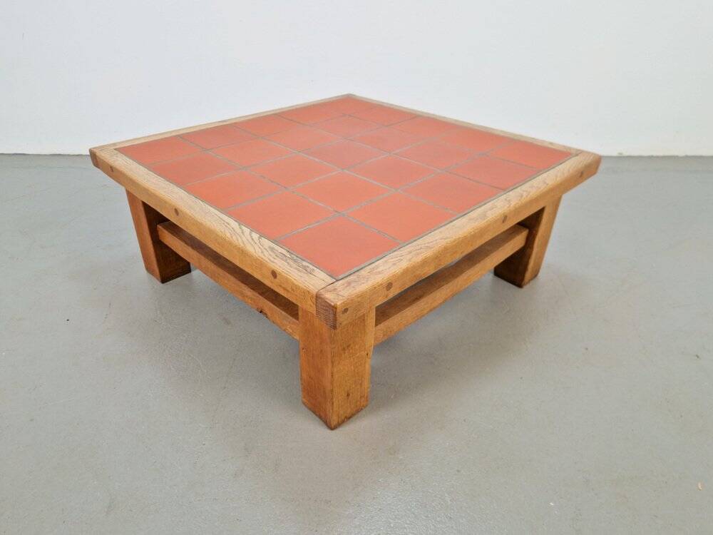 Brutalist Oak Coffee Table with Terracotta Tiles, 1950s
