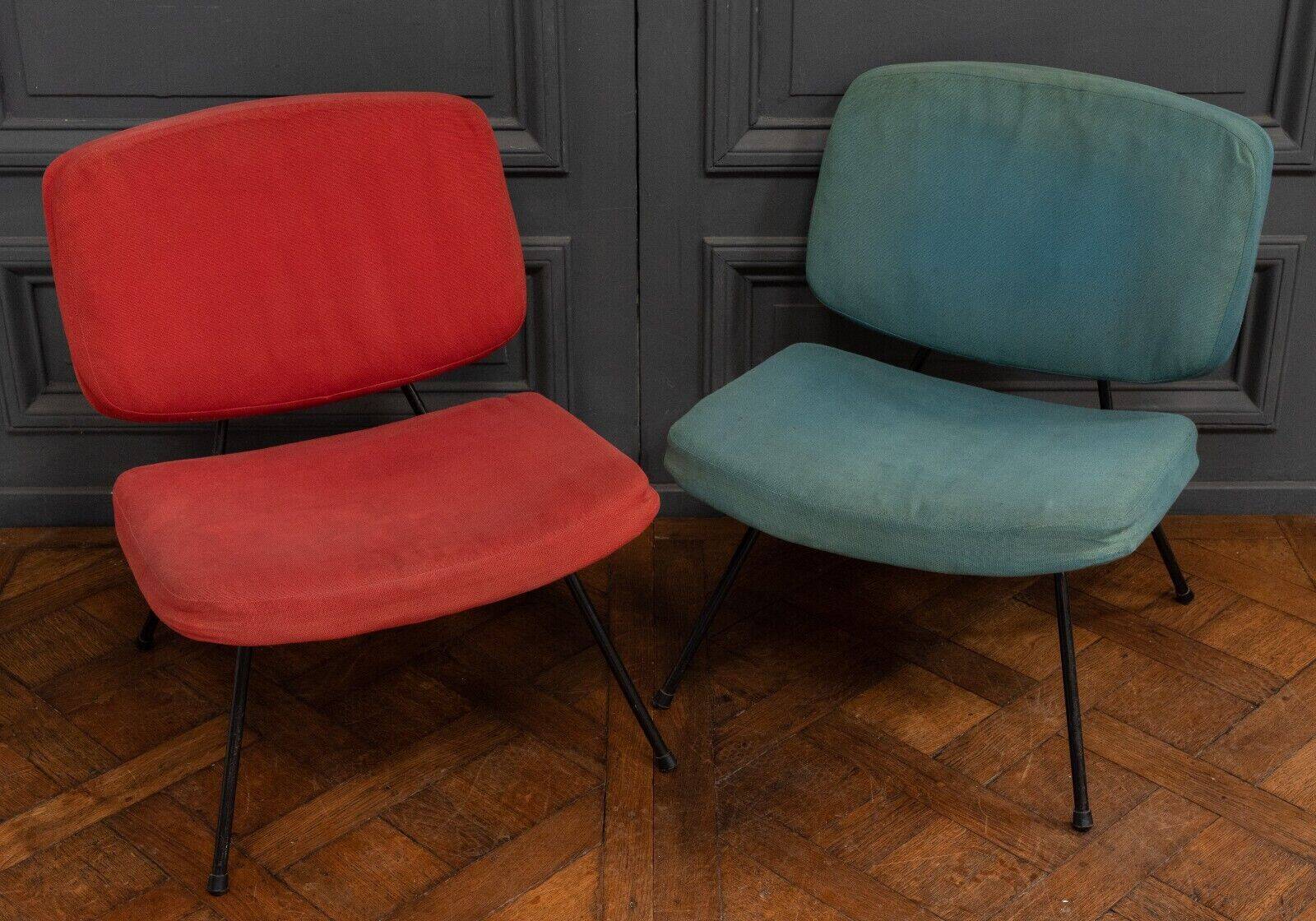 Pair of CM190 Pierre Paulin red and blue Thonet edition low chairs