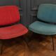 Pair of CM190 Pierre Paulin red and blue Thonet edition low chairs