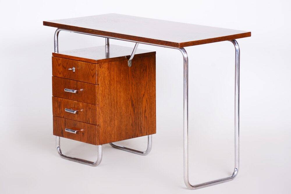 Bauhaus Writing Desk in Oak and Chrome by R. Slezák, Czech, 1930s