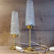 Duo of retro 50's bronze table lamps, diamond-tipped glass tube lampshades