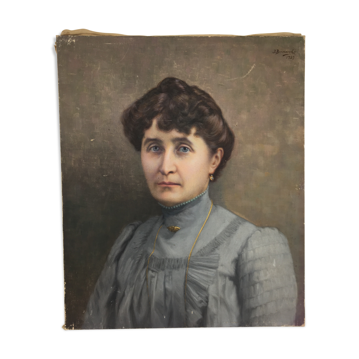 Portrait woman with blue eyes, oil on canvas signed J Bernard 1929