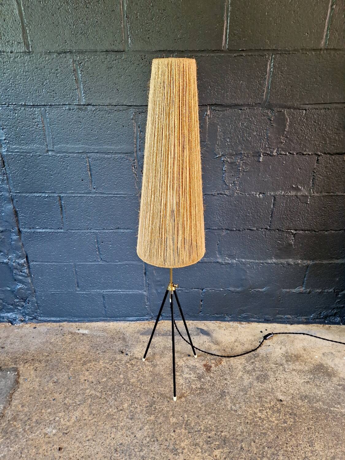 Mid-century tripod floor lamp, cord shade, 1950s-60s.