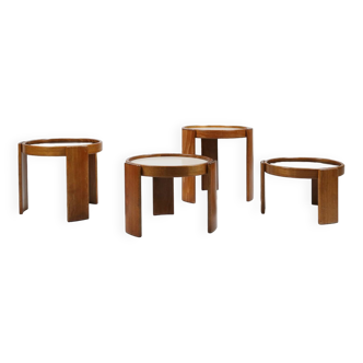 Gianfranco Frattini for Casina, Italy, 1966, early edition wooden nesting tables with black and whit