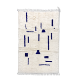 Moroccan Berber carpet Beni Ouarain ecru with majorelle blue patterns 244x154cm