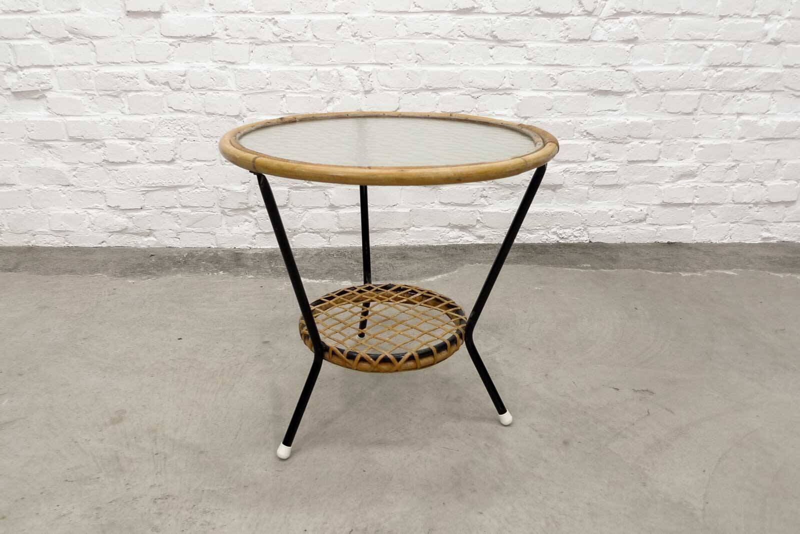 Mid-Century Set of Three Round Rattan and Glass Side Tables, 1960s