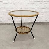Mid-Century Set of Three Round Rattan and Glass Side Tables, 1960s