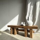 Solid wood bench with openwork base crossed by a cylinder - Mango wood