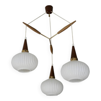 Danish vintage teak and opaline pendant light