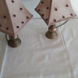 Lot of 2 cast iron foot table lamps and dayshade beaded fabrics