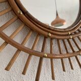Vintage 1960s sun mirror rattan wicker ORTF spiral design - 68 x 52 cm