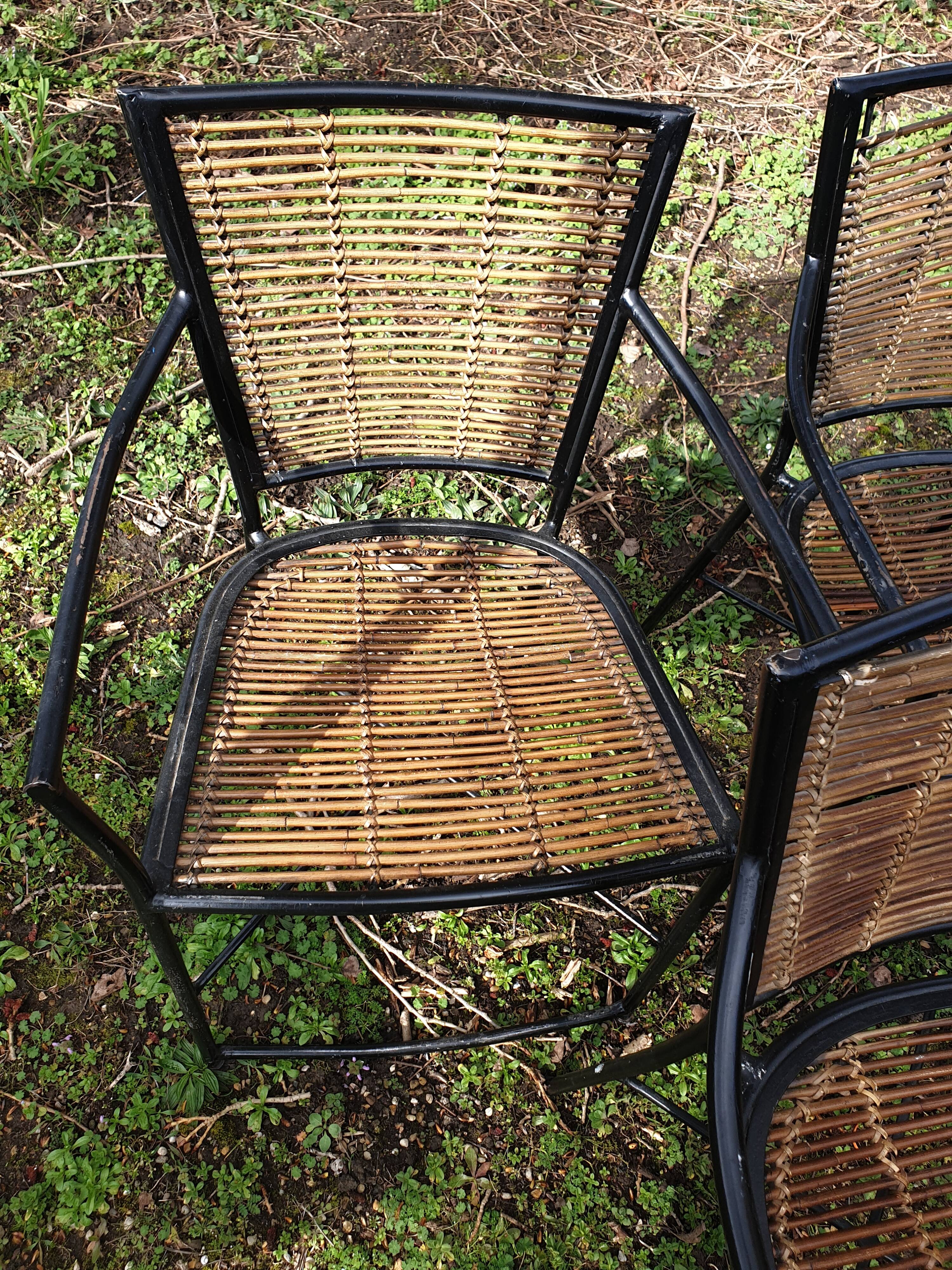 3 welded metal and rattan armchairs