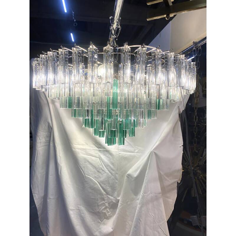 Vintage Green “Quadriedro” and Clear Triedro Murano Style Glass Chandelier