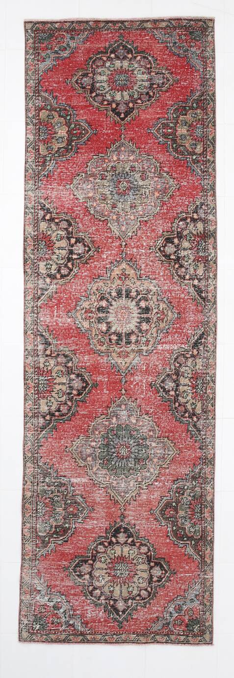 Classic Pattern Red & Green Vintage Runner Rug, 104x344Cm