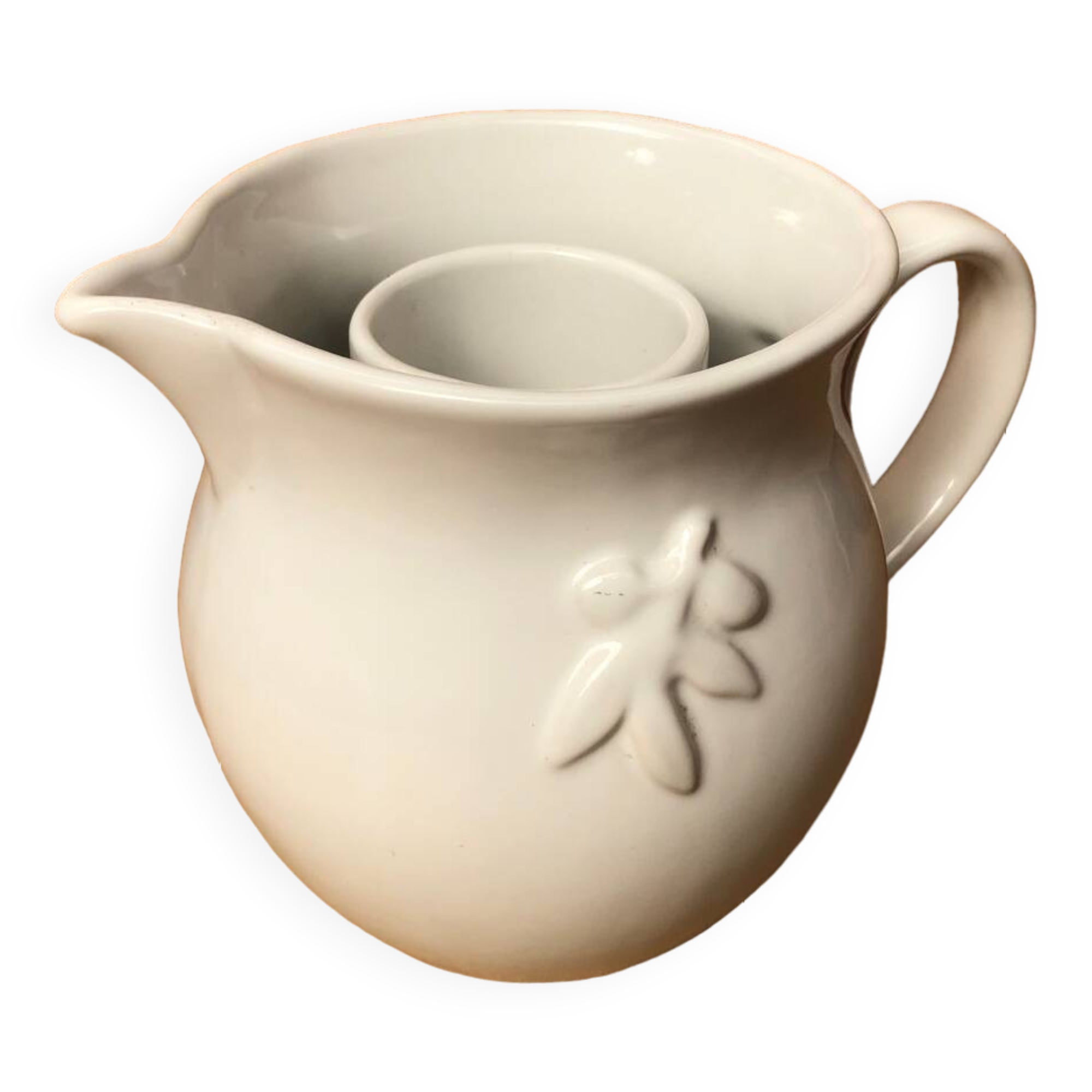 Old Vintage White Enameled Ceramic Carafe Refresher Pitcher