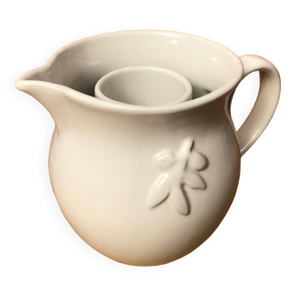 Old Vintage White Enameled Ceramic Carafe Refresher Pitcher