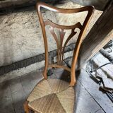 Paire de Chaises Vintage Art Nouveau en Bois Clair et Assise Paille Tressée