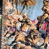 Orientalism tapestry with hunting scene of Arab warriors and lions