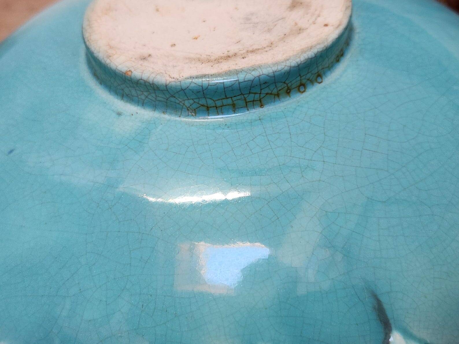 Antique French Barbotine Planter Art Nouveau Japanese Style Bird and Fan