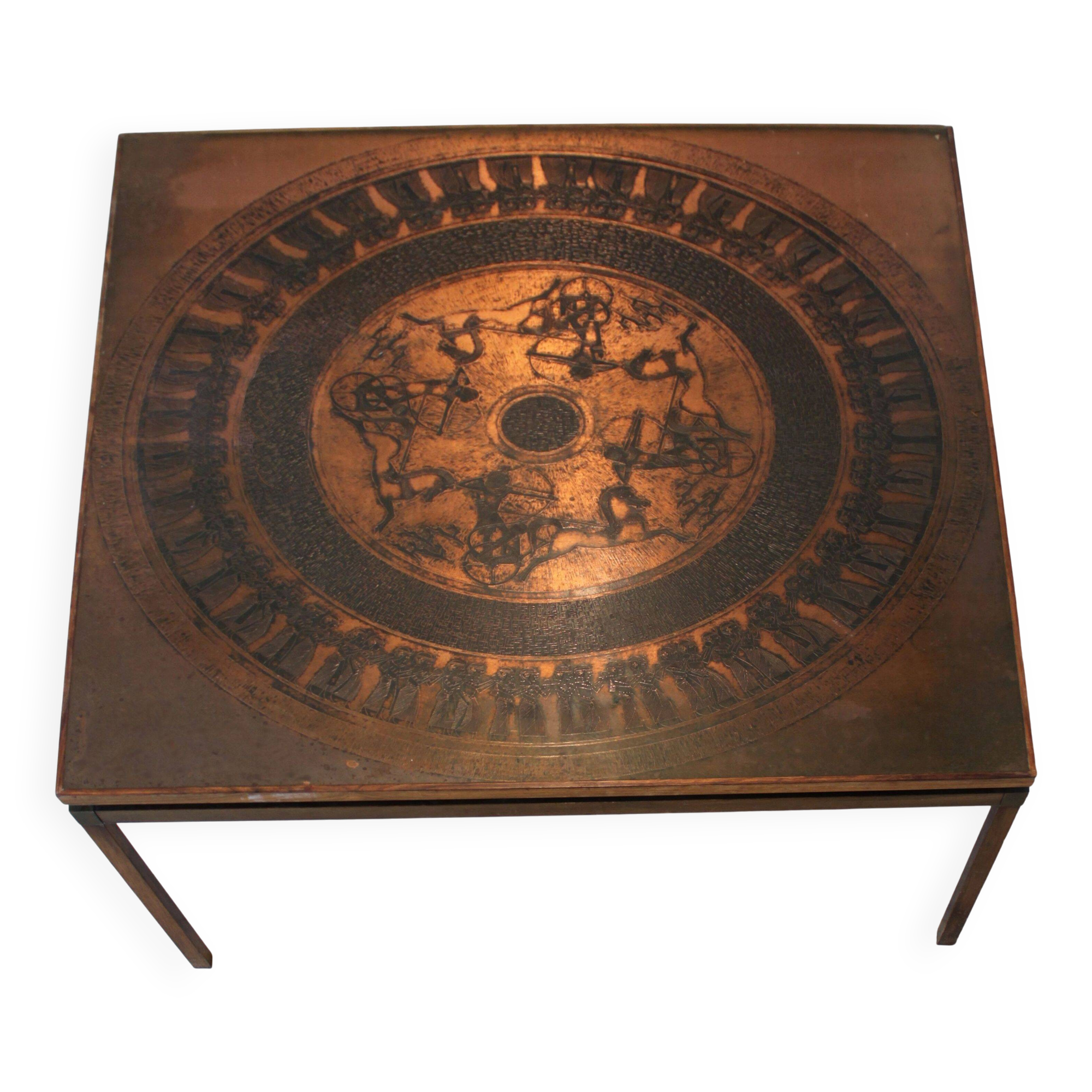 Mid-century copper and wood coffee table, Vad Trevarefrikk, Norway, 1960s.