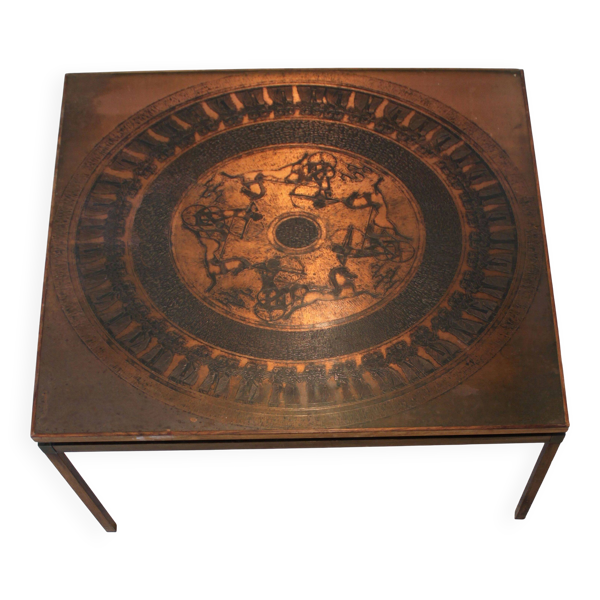 Table basse mid-century cuivre et bois, Vad Trevarefrikk, Norvège, 60's.