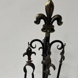 20th century wrought iron and bronze fireplace set
