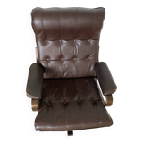 Scandinavian tilting and swivel armchair in curved wood and leather