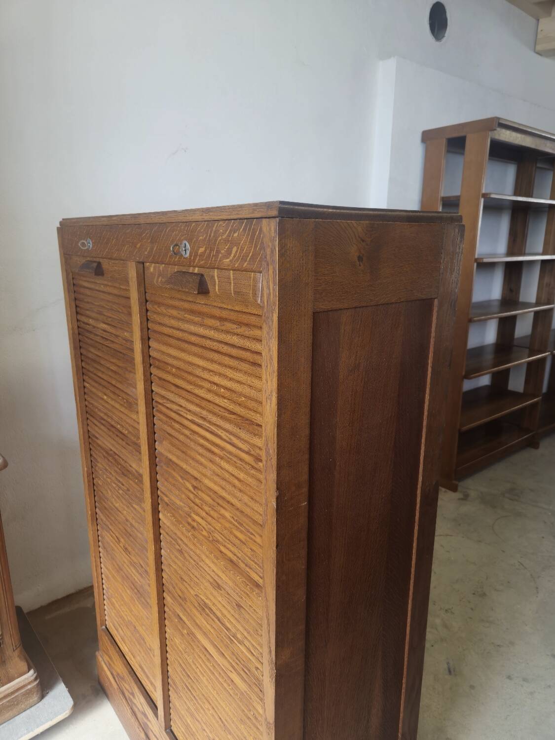 Antique 1950s double sliding door filing cabinet with curtains