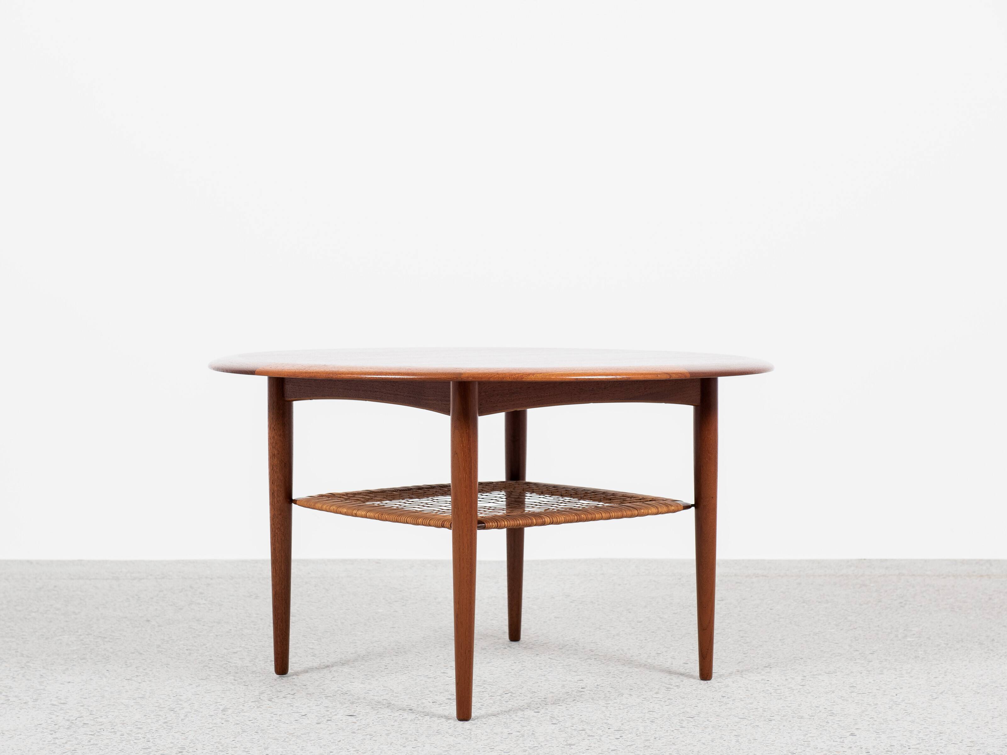 Midcentury Danish round coffee table in teak and cane by Johannes Andersen for Silkeborg 1960s