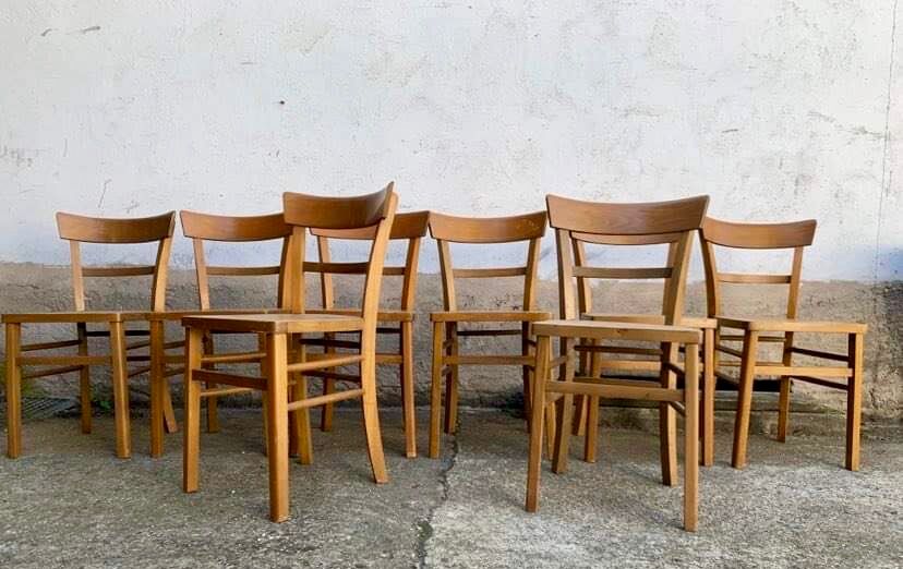 Set of 8 old light wood bistro chairs years 1957 stamps