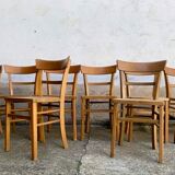 Set of 8 old light wood bistro chairs years 1957 stamps