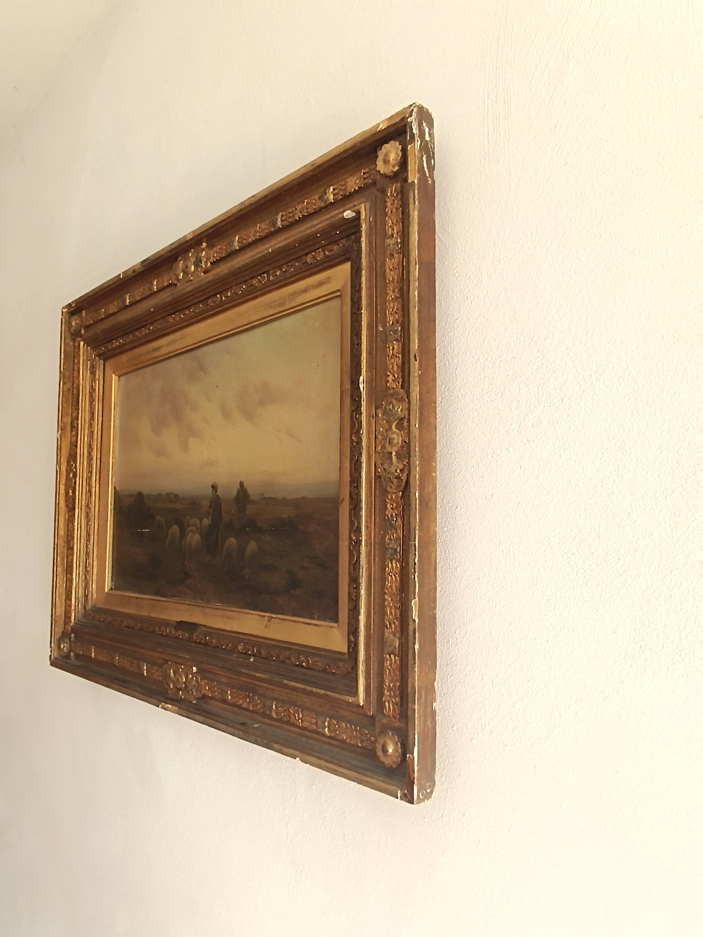 Hermann solbrig (1853-1942) painting, oil on panel, shepherdess and her troupe