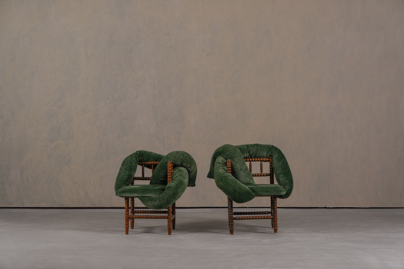 Chaises à bobines vintage, réimaginées par Corina Olaru, Hollande années 1930, ensemble de 2