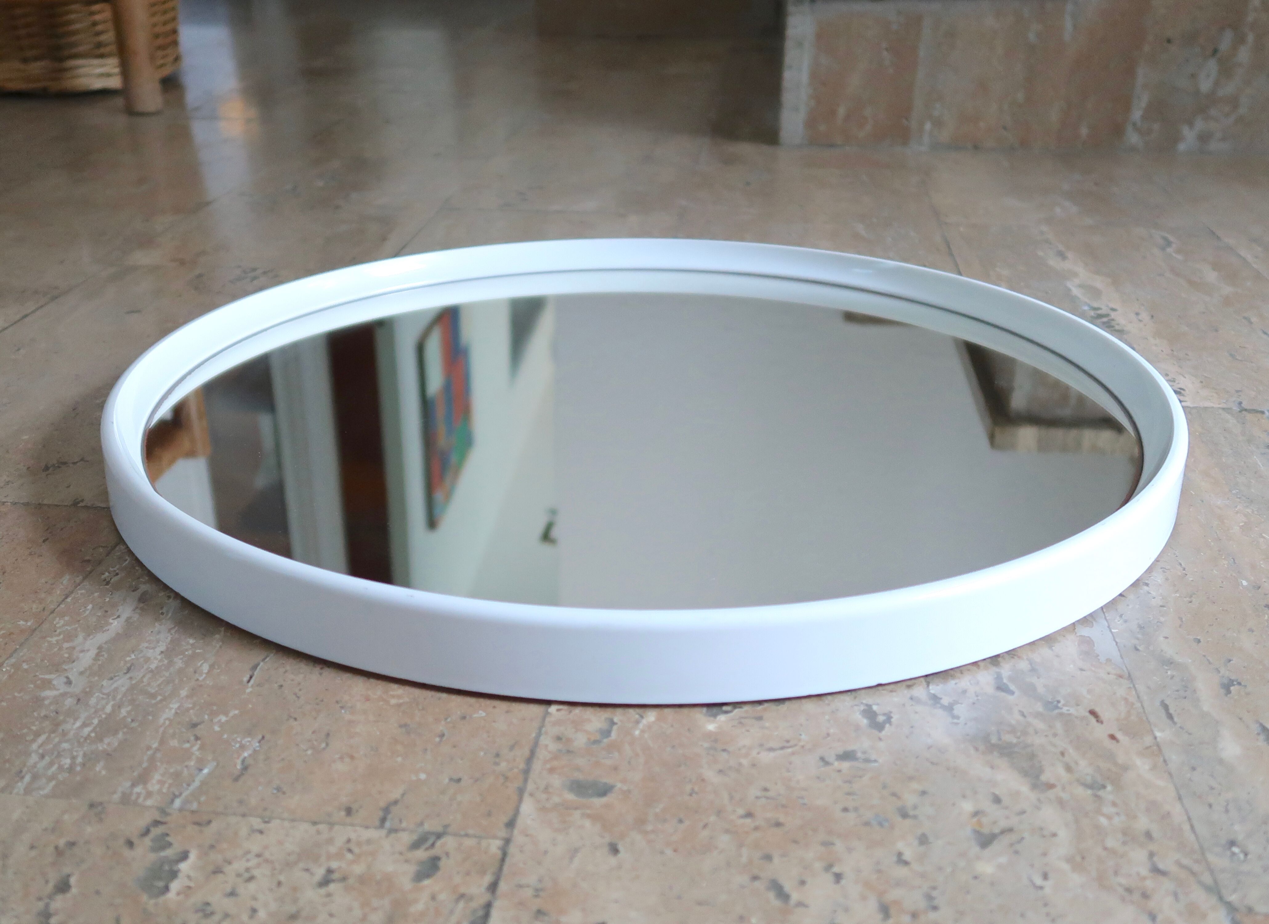 Round mirror Gilac white plastic 70s - 51 cm
