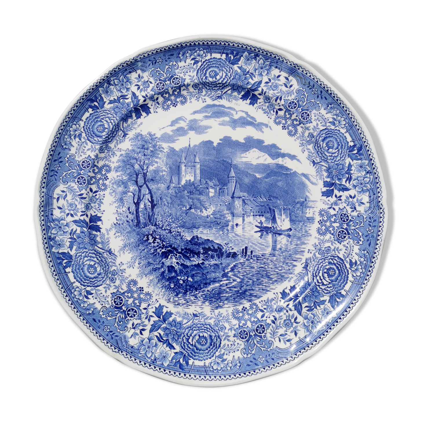 Round dish in Villeroy earthenware and Boch model Blue Burgenland, landscape with castle